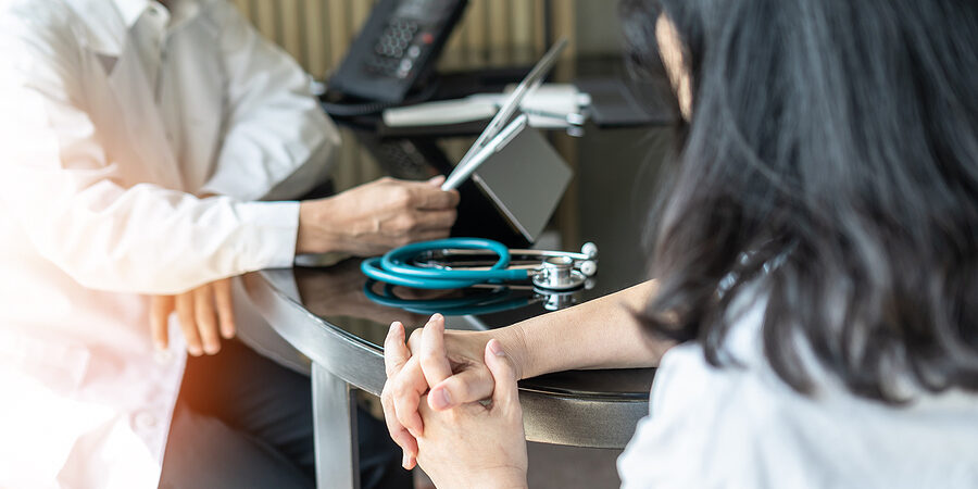 Menopause Woman, Stressful Patient Consulting With Doctor Or Psy
